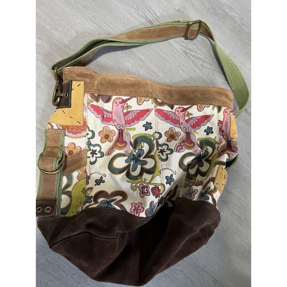 Lucky Brand Vtg Canvas Suede Tote Shoulder Bag Hummingbird Boho Satchel - Picture 2 of 9